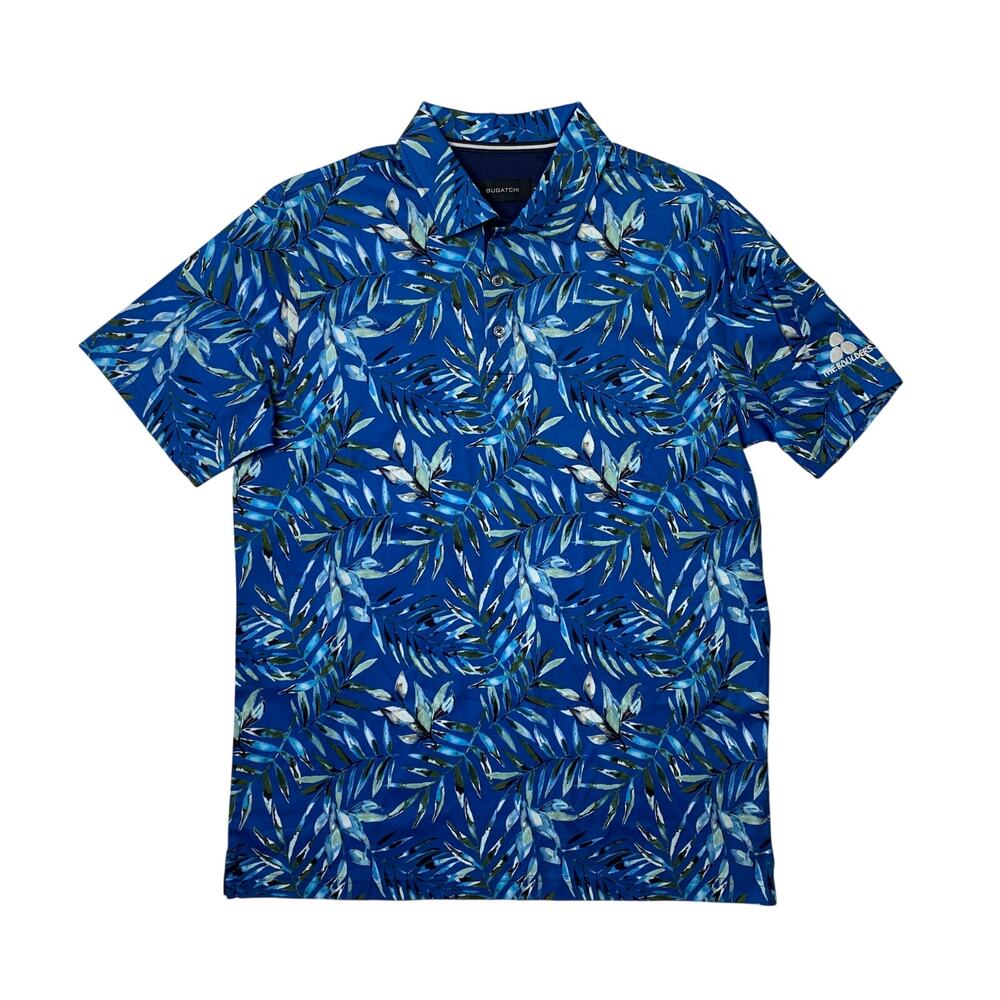 BUGATCHI Polo Shirt Mens M Medium Classic Blue Cotton Leaf Print The Boulders
